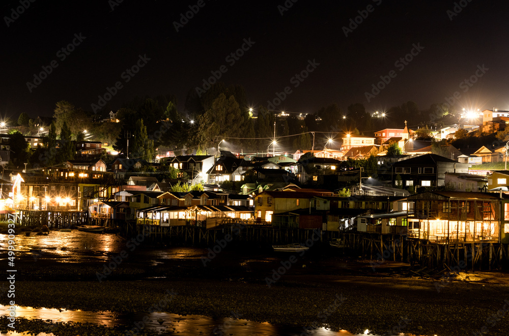 Night view of the stilt houses of Castro, Chiloe