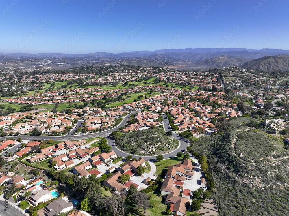 Aerial view of villas with mountain in background in South California, USA