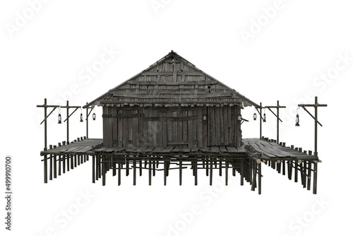 Old wooden swamp house built on stilts over water. 3d rendering isolated on white with clipping path.