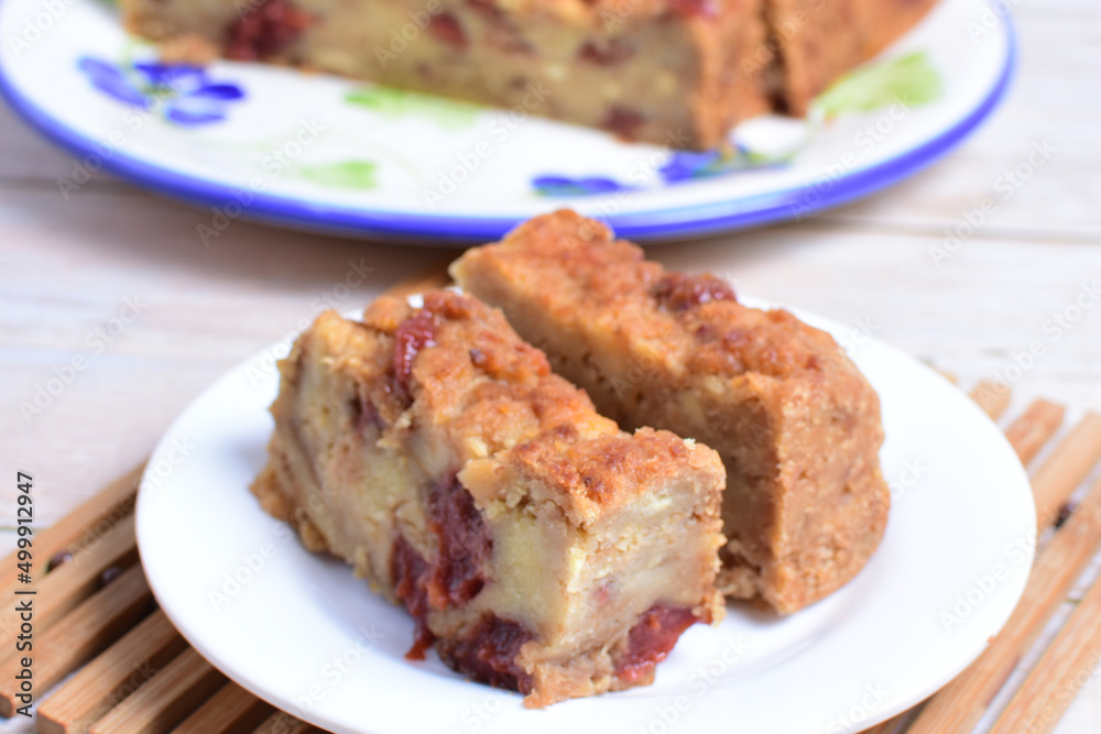 Fluffy bread cake with guava flavor on wooden background