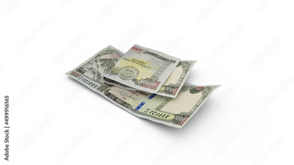 3D rendering of Double 1000 Nepalese rupee notes isolated on white background 3D rendering of Double 1000 Nepalese rupee notes isolated on white background