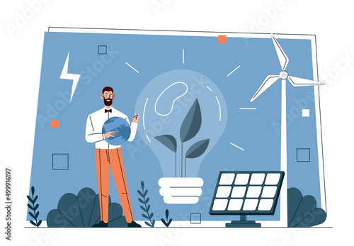 Concept of green energy. Man with planet in his hands preserves environment and generates electricity using solar panels and windmills. Solving environmental problems. Cartoon flat vector illustration