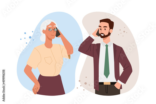 Family relationships concept. Smiling man calls his adult mother or elderly grandmother. Son communicates with his mother, conducts dialogue and talks about his life. Cartoon flat vector illustration