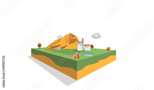 Island landscape green land episode 3, geometric, triangle, polygon ,low poly and perspective design, house and mountain background, can use for gaming template or gaming landscape.