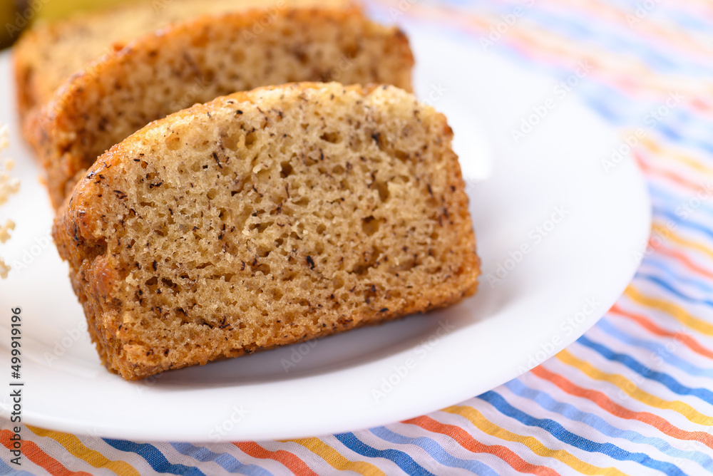 Banana bread on white plate, Close up