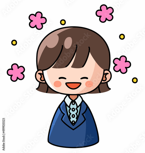 満面の笑みを浮かべるスーツ姿の女性のイラスト