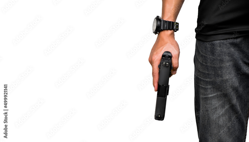 Isolated gun shooter holding 9mm pistol in right hand with clipping paths. Isolated gun shooter holding 9mm pistol in right hand with clipping paths.