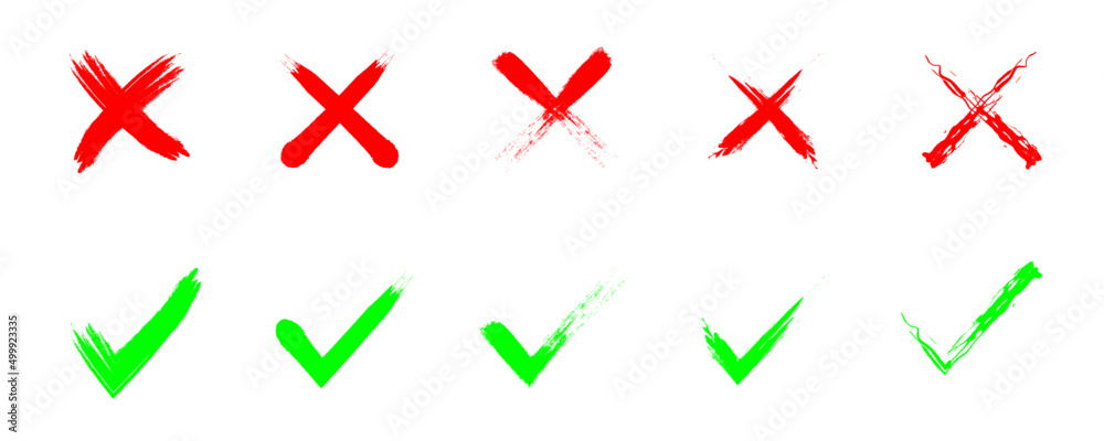 set of grunge green checkmark and red cross on white background Stock ...