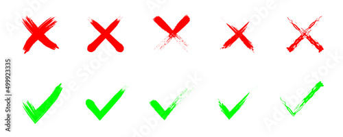 set of grunge green checkmark and red cross on white background