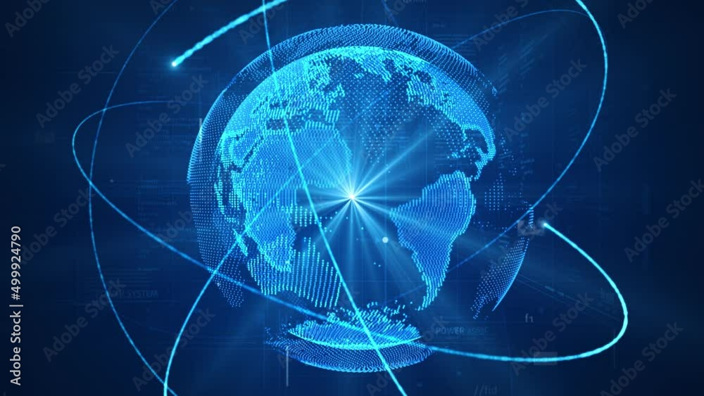 The technological earth is constantly rotating, the scientific dotted line particle world map, and the future intelligent big data.