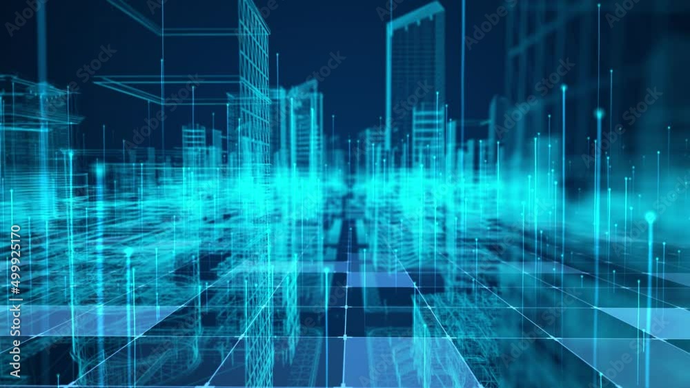 Holographic digital city buildings, high-tech wireframe cities, futuristic big data city buildings.