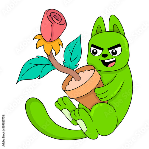 smiling green cat holding a pot of roses, doodle icon image kawaii