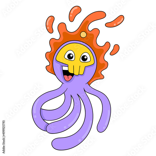 Fiery head smiling tentacle monster, doodle icon image kawaii