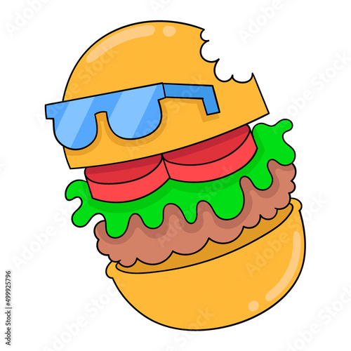 delicious burger face wearing blue glasses, doodle icon image kawaii
