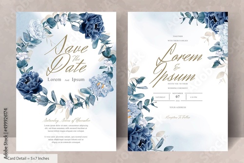 Elegant Watercolor Floral Wreath Wedding Stationery with Navy Blue Flower and Leaves