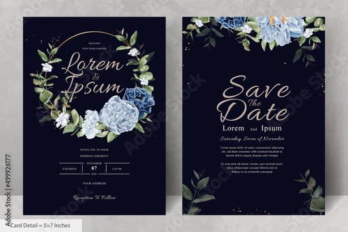 Elegant Watercolor Floral Wreath Wedding Stationery with Navy Blue Flower and Leaves