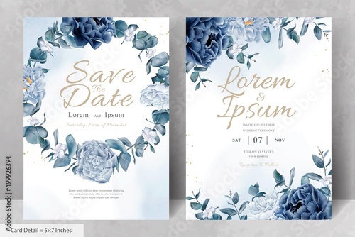 Elegant Watercolor Floral Wreath Wedding Stationery with Navy Blue Flower and Leaves