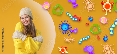 Beautiful young woman with strong immunity on yellow background. Protection against germs, bacteria and viruses