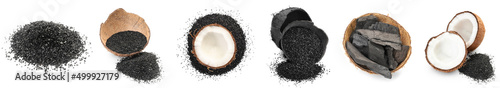 Fotografia, Obraz Set of activated coconut charcoal on white background