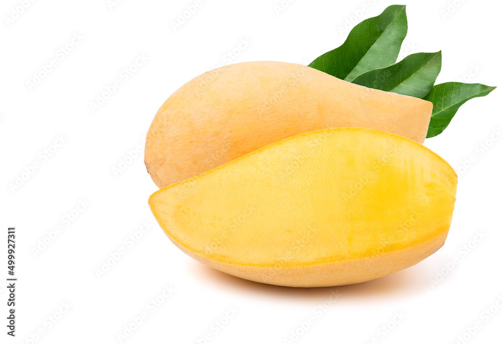 Ripe yellow Nam Dok Mai mango halved with green leaves. isolated on white background.