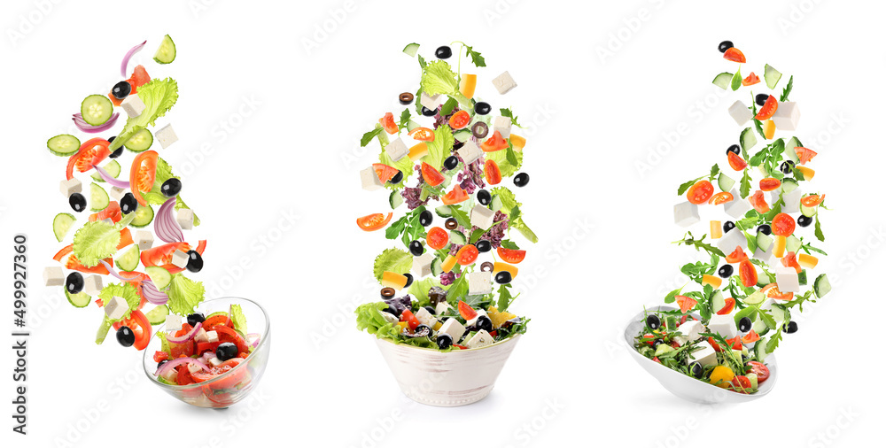 Bowls with flying ingredients of healthy Greek salad on white background