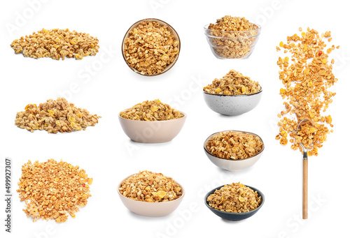 Set of tasty granola on white background