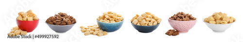 Set of bowls with tasty corn pillows on white background