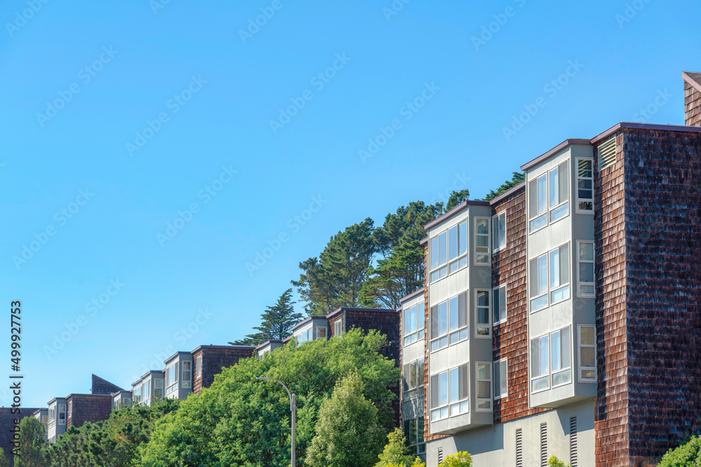 Apartment buildings in San Francisco, California with wood shingles wall claddings