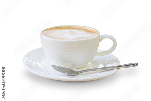 Latte coffee with plate and spoon isolated on white background 