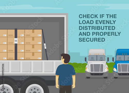 Heavy vehicle driving rules and tips. Checklist for truck drivers. Check if the load evenly distributed and secured. Semi-trailer loaded with cardboard boxes. Flat vector illustration template.