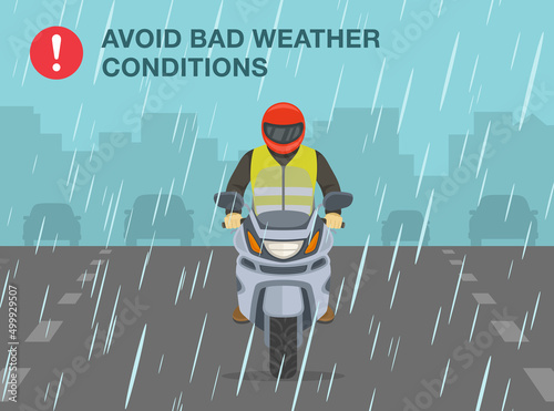 Safe motorcycle riding rules and tips. Avoid bad weather conditions. Motorcycle riding on a rainy and slippery road. Flat vector illustration template.