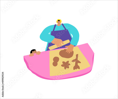 a young girl cooks with a child. Mom and daughter are baking gingerbread in the kitchen. Concept illustration Mom as a mentor
