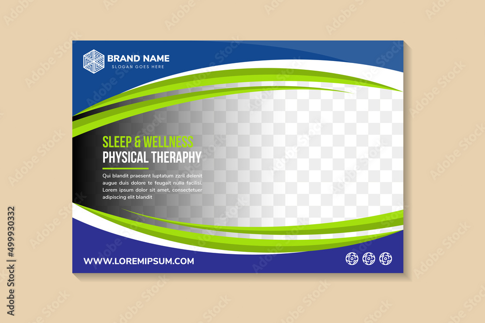 Naklejka premium sleep and wellness physical therapy flyer. Spa wellness Business template. Vector brochure poster. horizontal vector illustration design. space for text and photo. combination blue, green and white.