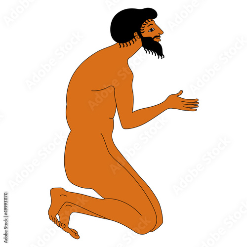 Kneeling bearded naked ancient Greek man. Vase painting style.