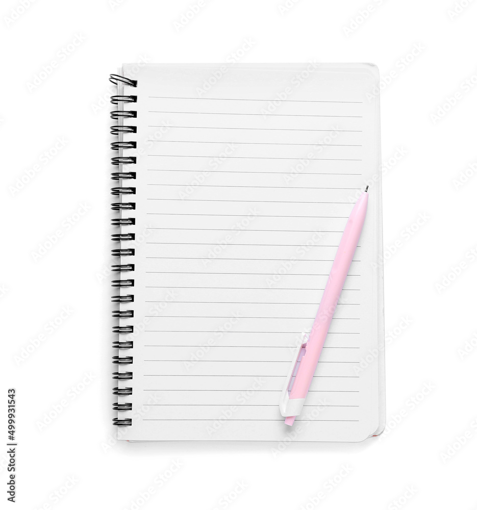 Notebook and pen isolated on white, top view Notebook and pen isolated on white, top view