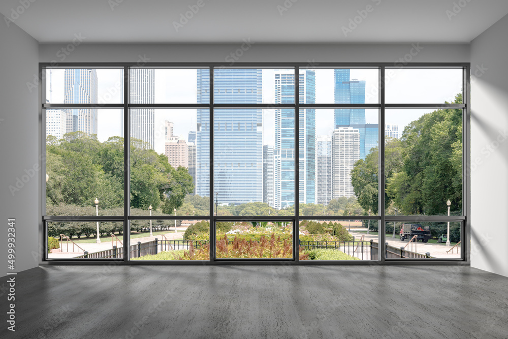 Downtown Chicago City Skyline Buildings from High Rise Window. Beautiful Expensive Real Estate overlooking. Epmty room Interior Skyscrapers View in Penthouse Cityscape. Day time. 3d rendering. Downtown Chicago City Skyline Buildings from High Rise Window. Beautiful Expensive Real Estate overlooking. Epmty room Interior Skyscrapers View in Penthouse Cityscape. Day time. 3d rendering.