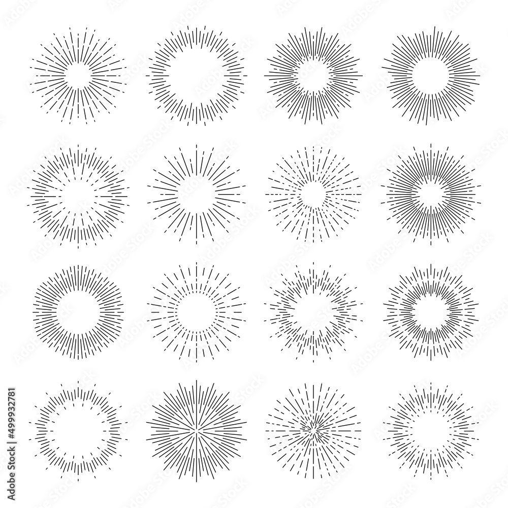 Starburst, sunburst and star burst light of sun rays lines, vector rector radial shine. Starbursts and sunbursts circles with sunbeam light or linear sunshine beams of sparkling sunlight bursts