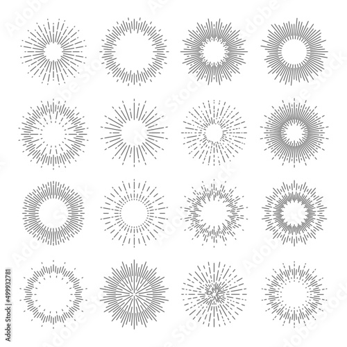 Starburst, sunburst and star burst light of sun rays lines, vector rector radial shine. Starbursts and sunbursts circles with sunbeam light or linear sunshine beams of sparkling sunlight bursts