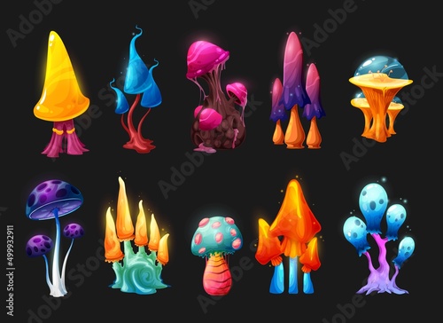 Magic and fairy mushrooms, vector fantasy game asset. UI or GUI design. Alien planet fairytale forest or fantastic isolated fungus plants, neon glowing mushrooms with bright caps and stalks