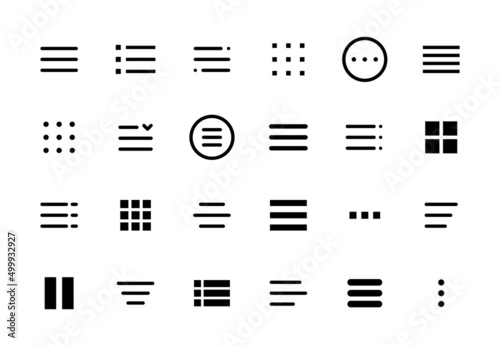 Hamburger menu icons, web and mobile navigation buttons of app ui. Isolated vector burger menu symbols of collapsed menu or navigation bar with three horizontal bars, squares, dots and ellipsis photo