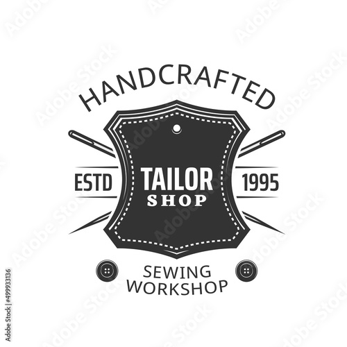 Tailor shop icon with leather patch and crossed sewing needles. Custom clothing workshop, handmade dresses atelier or studio and clothes repair service vector emblem, retro label or vintage icon
