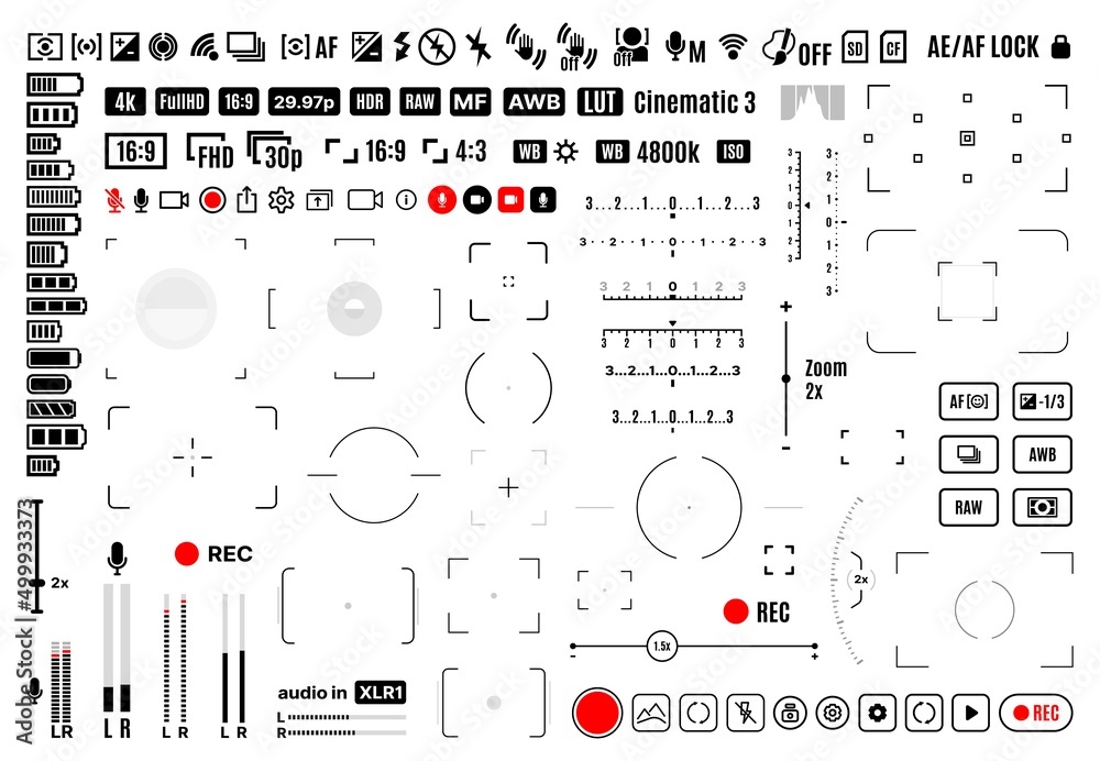 Video and photo camera viewfinder display signs. Focus, grid, zoom, shutter, preview, record frame vector symbols of shooting menu. Cam screen settings of exposure, aperture, battery, flash buttons