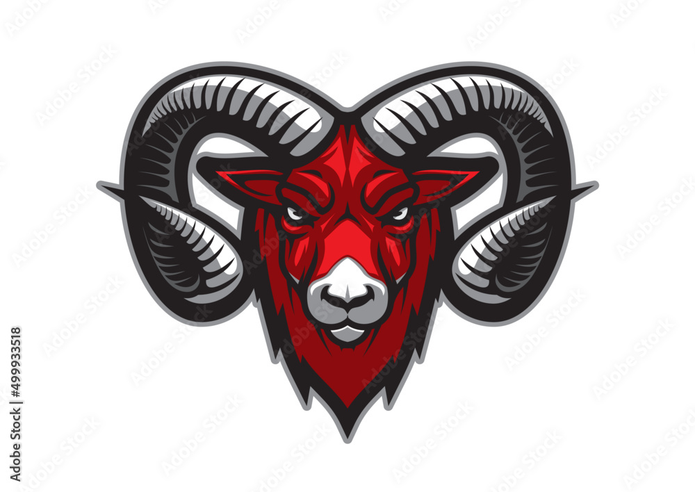 Vecteur Stock Mountain goat mascot with vector head of bighorn ram. Sport  team mascot of isolated cartoon goat animal with angry face, large curved  horns and red fur, strong aggressive mammal monster