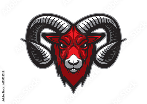 Mountain goat mascot with vector head of bighorn ram. Sport team mascot of isolated cartoon goat animal with angry face, large curved horns and red fur, strong aggressive mammal monster tattoo photo