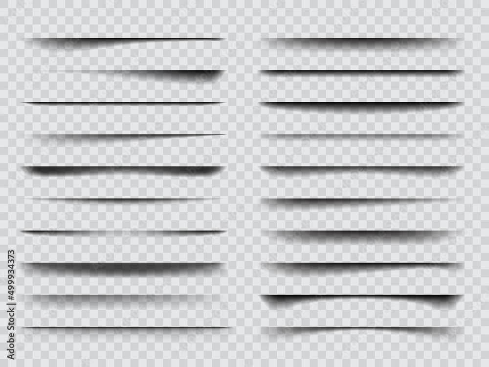 Realistic overlay transparent shadow effects. Isolated vector black or grey shade stripes with soft edges, mockup elements. Set of abstract panel or bar shadows 3d object - obrazy, fototapety, plakaty 