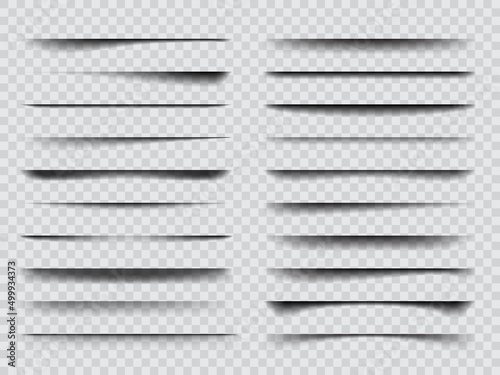 Realistic overlay transparent shadow effects. Isolated vector black or grey shade stripes with soft edges, mockup elements. Set of abstract panel or bar shadows 3d object