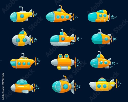 Cartoon submarine, yellow underwater ship game asset. Isolated vector sea vehicles with periscope, portholes and blades. Deep sea subs for water transportation, kids game asset