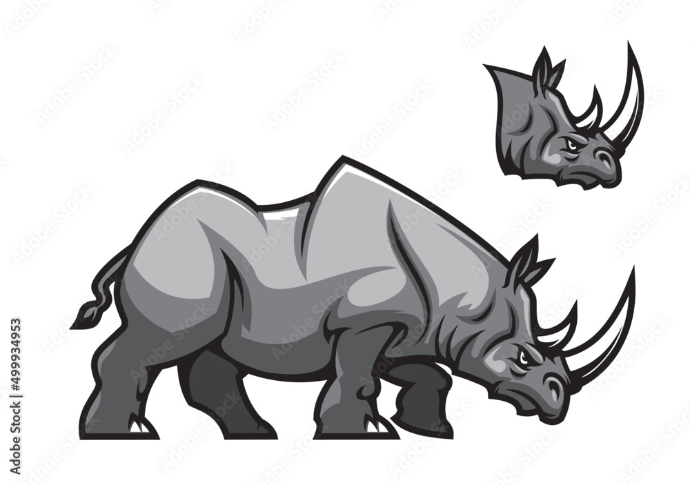 Aggressive rhino mascot character. Rhinoceros vector animal with angry face, white horns and gray muscular body. African savanna two horned rhino beast cartoon mascot of sport club or team mascot