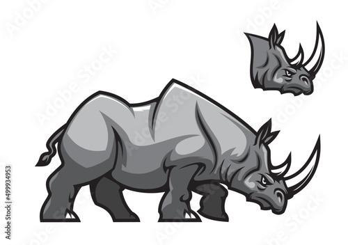 Aggressive rhino mascot character. Rhinoceros vector animal with angry face, white horns and gray muscular body. African savanna two horned rhino beast cartoon mascot of sport club or team mascot photo