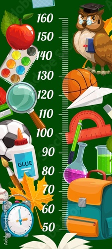 Cartoon kids height chart ruler with school stationery. Vector growth meter with apple, paints, owl, glass and ball, protractor, glue, pencil sharpener and alarm clock, backpack, beakers, paper plane